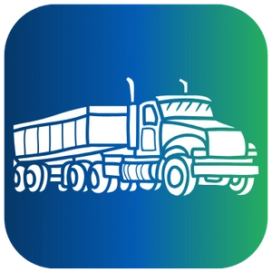A rounded square icon featuring a white line drawing of a semi-truck with a large dump trailer, set against a gradient background that fades from dark blue on the left to green on the right.