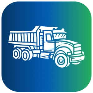 A rounded square icon featuring a white line drawing of a standard rigid dump truck, commonly used for asphalt and paving, set against a gradient background that fades from dark blue on the left to green on the right.