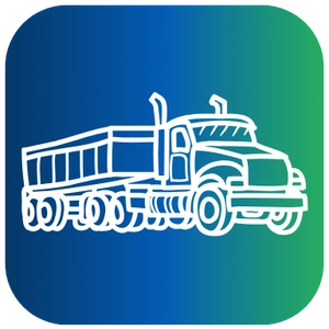 A rounded square icon featuring a white line drawing of a bottom dump truck, depicting a semi-tractor pulling a trailer designed to release loads from the underside, set against a gradient background that fades from dark blue on the left to green on the right.