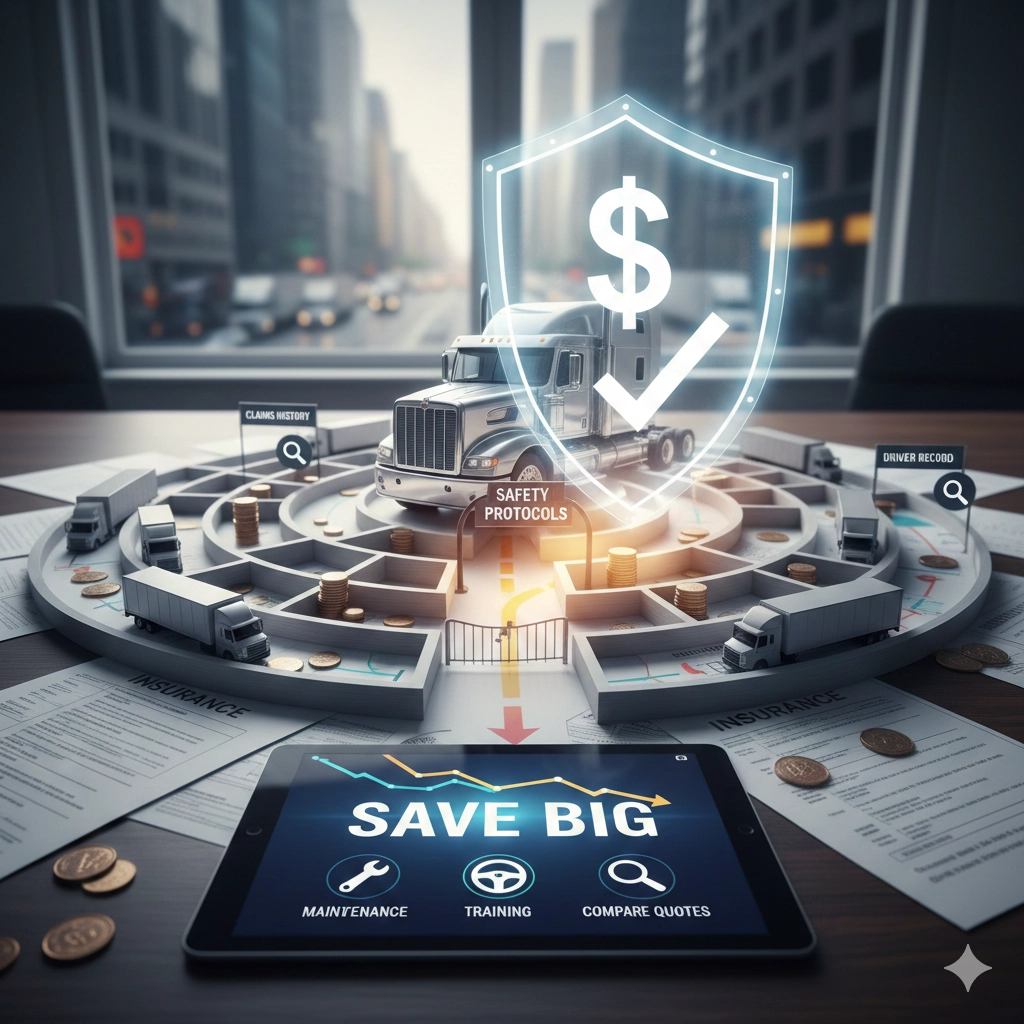 A detailed, stylized 3D rendering of a circular maze with a semi-truck at its center, surrounded by smaller commercial trucks and scattered gold coins representing costs. A glowing, translucent shield with a dollar sign and a checkmark hovers over the central truck, symbolizing liability insurance protection. Various factors influencing insurance costs, such as "CLAIMS HISTORY" and "DRIVER RECORD," are labeled around the maze with magnifying glass icons. Below the maze, a tablet displays "SAVE BIG" with icons for "MAINTENANCE," "TRAINING," and "COMPARE QUOTES. The scene is set on a desk with insurance documents and more coins, against the backdrop of a blurred city skyline seen through a window. The overall image illustrates the complex factors affecting commercial truck liability insurance costs and strategies to reduce them.