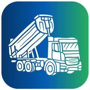 A rounded square icon featuring a white line drawing of a dump truck with its bed raised in a dumping position, typically used for hauling dirt, sand, and gravel, set against a gradient background that fades from dark blue on the left to green on the right.