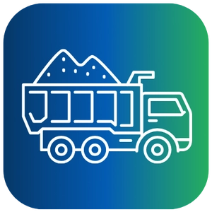 A rounded square icon featuring a white line drawing of a dump truck hauling a heaped load of fine sand cargo, depicted by a mound in the truck bed, set against a gradient background that fades from dark blue on the left to green on the right.