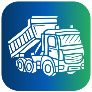 A rounded square icon featuring a white line drawing of an end dump truck with its bed raised in a dumping position, set against a gradient background that fades from dark blue on the left to green on the right.