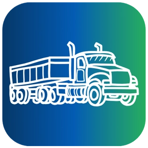 A rounded square icon featuring a white line drawing of a side dump truck, depicting a semi-tractor pulling a long trailer designed to unload materials from the side, set against a gradient background that fades from dark blue on the left to green on the right.