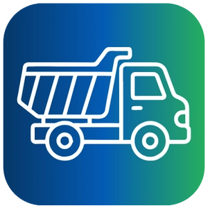 A rounded square icon featuring a white line drawing of a single axle dump truck, typically used for lighter hauling loads, set against a gradient background that fades from dark blue on the left to green on the right.