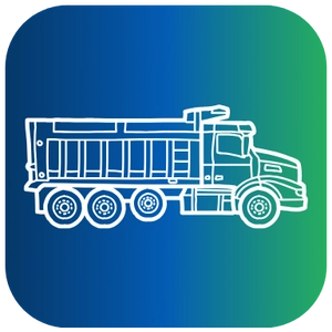 A rounded square icon featuring a white line drawing of a super dump truck, designed for maximizing legal payloads with multiple axles, set against a gradient background that fades from dark blue on the left to green on the right.