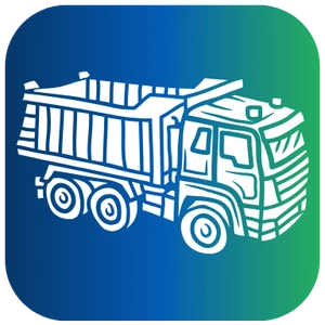 A rounded square icon featuring a white line drawing of a tandem axle dump truck, depicting two rear axles for heavier hauling capabilities, set against a gradient background that fades from dark blue on the left to green on the right.