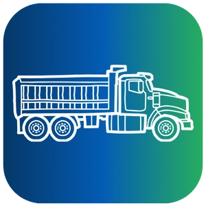 A rounded square icon featuring a white line drawing of a transfer dump truck, typically configured to pull a separate trailer that transfers into the main dump box for unloading, set against a gradient background that fades from dark blue on the left to green on the right.