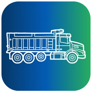 A rounded square icon featuring a white line drawing of a tri-axle dump truck, distinguished by its three rear axles for carrying heavy loads, set against a gradient background that fades from dark blue on the left to green on the right.