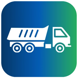 A rounded square icon featuring a white graphic of a waste hauler or recycling truck in profile view, set against a gradient background that fades from dark blue on the left to green on the right.